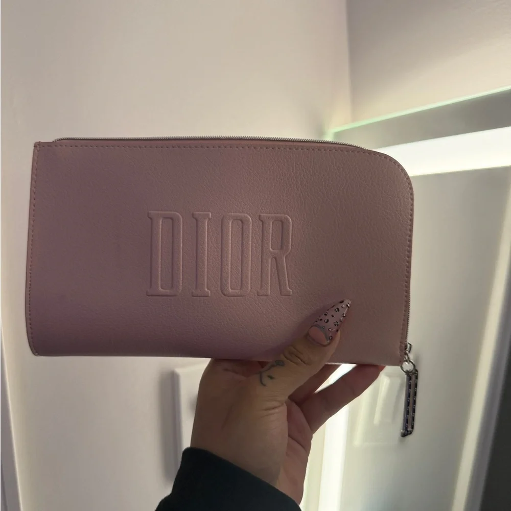 Dior Light Pink Embossed Leather Zip Wallet